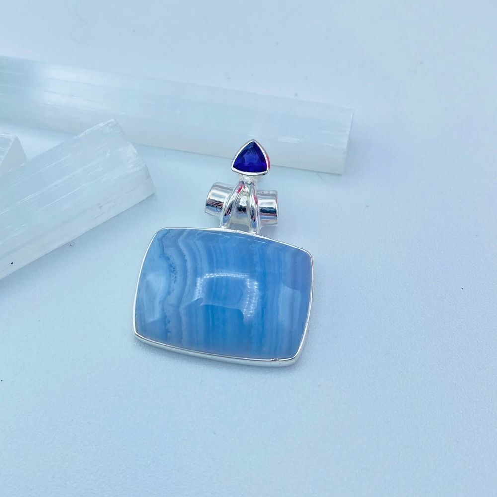 Solid Sterling Silver Blue Lace Agate and Amethyst Pendant